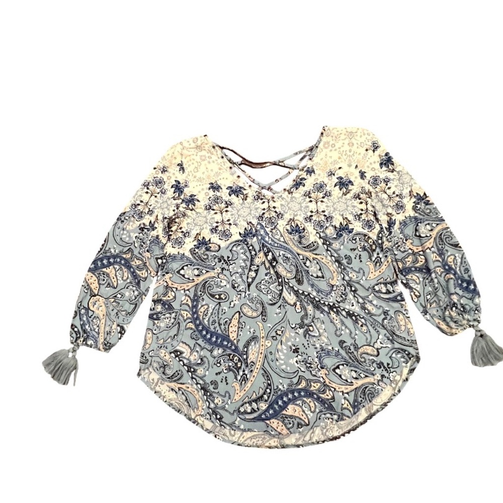 Hollister Blue & White Printed Tassel Blouse – Size XS